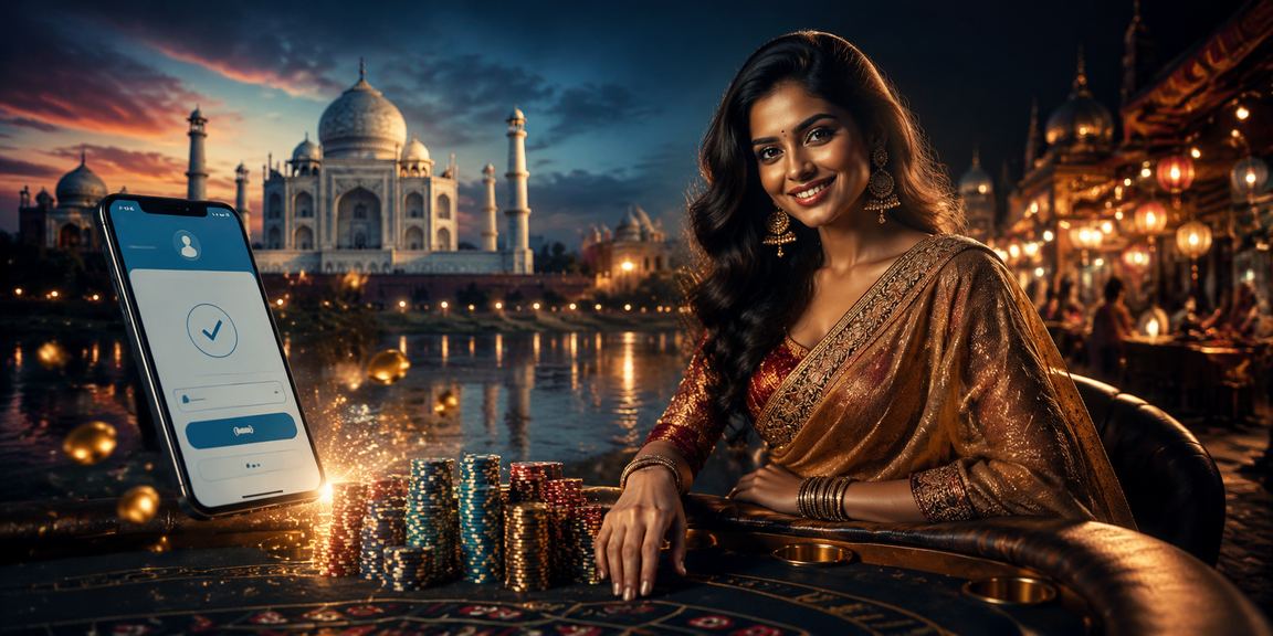 Indian user enjoying secure mobile payment near Taj Mahal at night