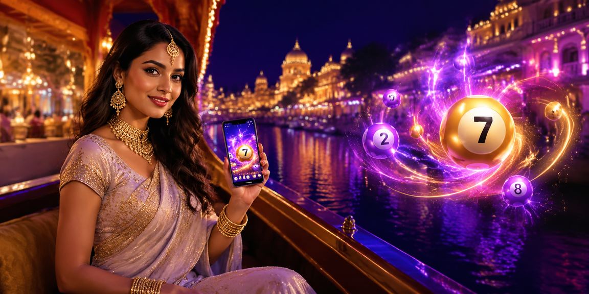 Lottery player checking results on mobile in traditional attire